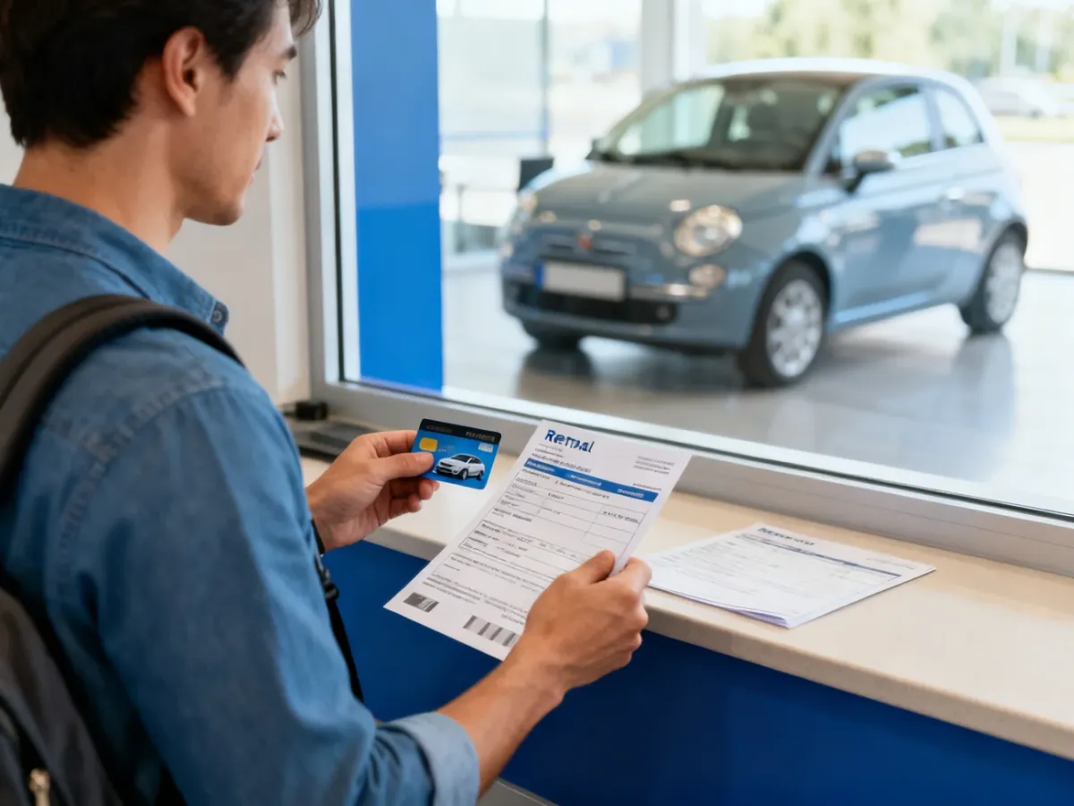 Podróżny wynajmujący samochód za pomocą karty debetowej