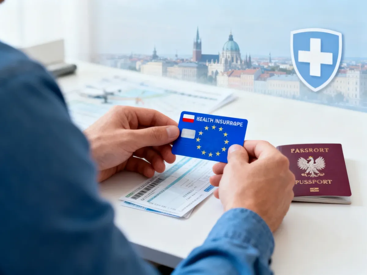 Podróżny przygotowujący kartę EKUZ, paszport i dokumenty przed wyjazdem