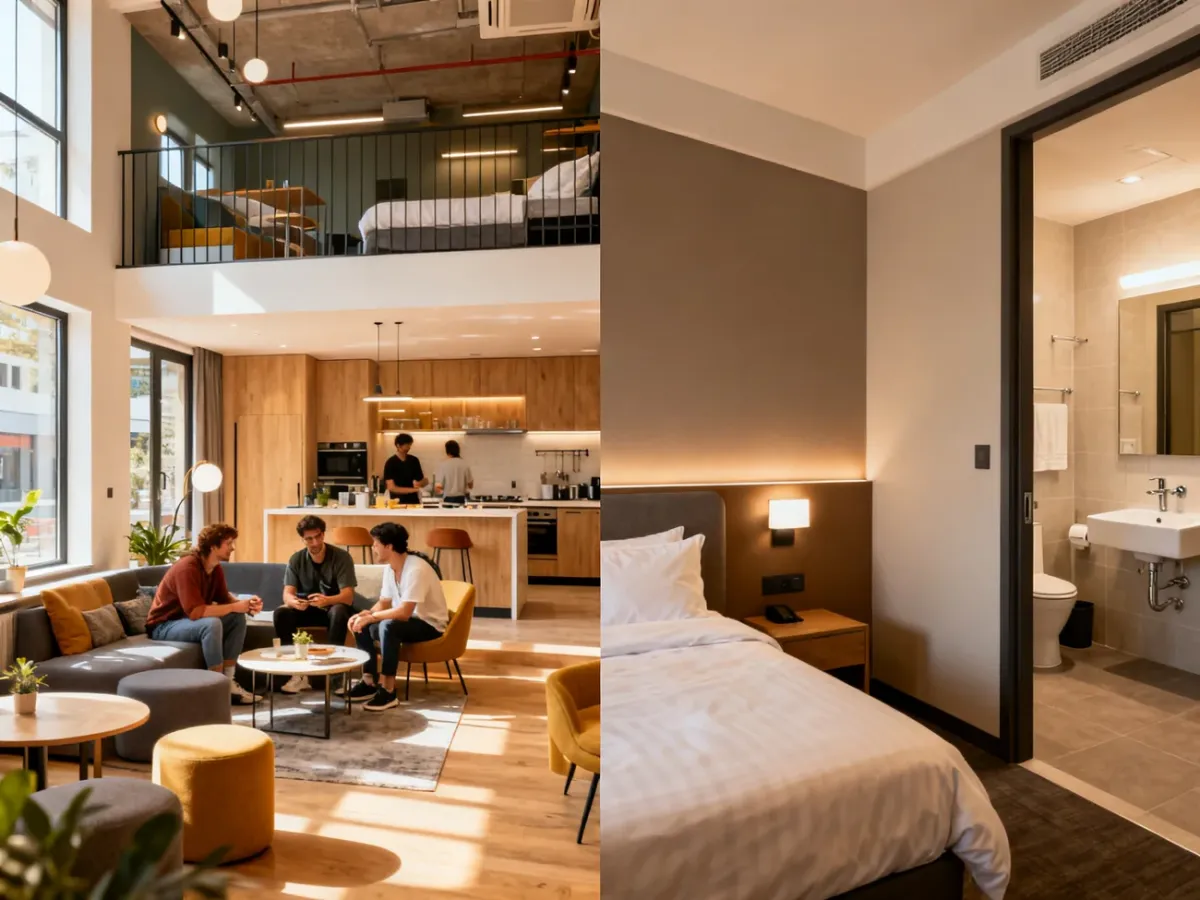 Porównanie nowoczesnego hostelu i spokojnego pokoju hotelowego
