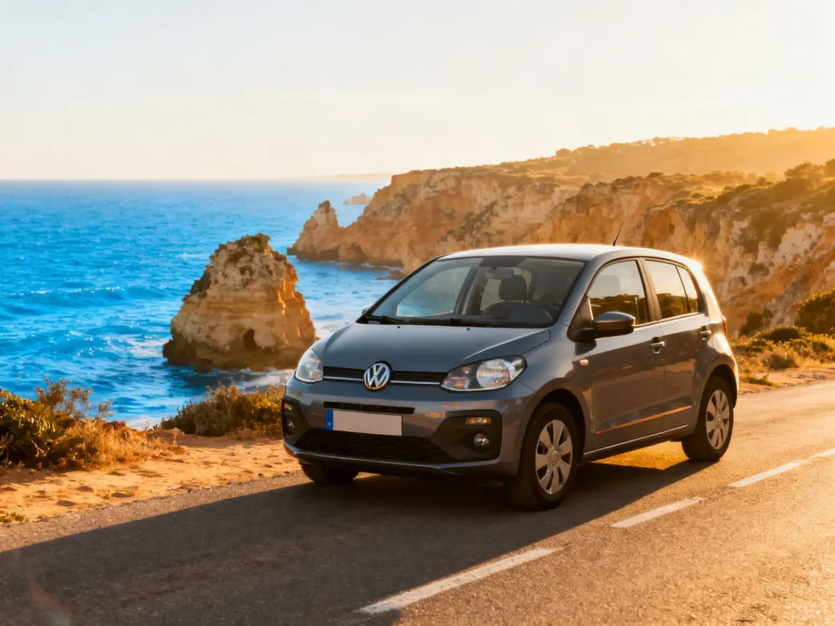 Kompaktowy samochód na malowniczej trasie wybrzeża Algarve