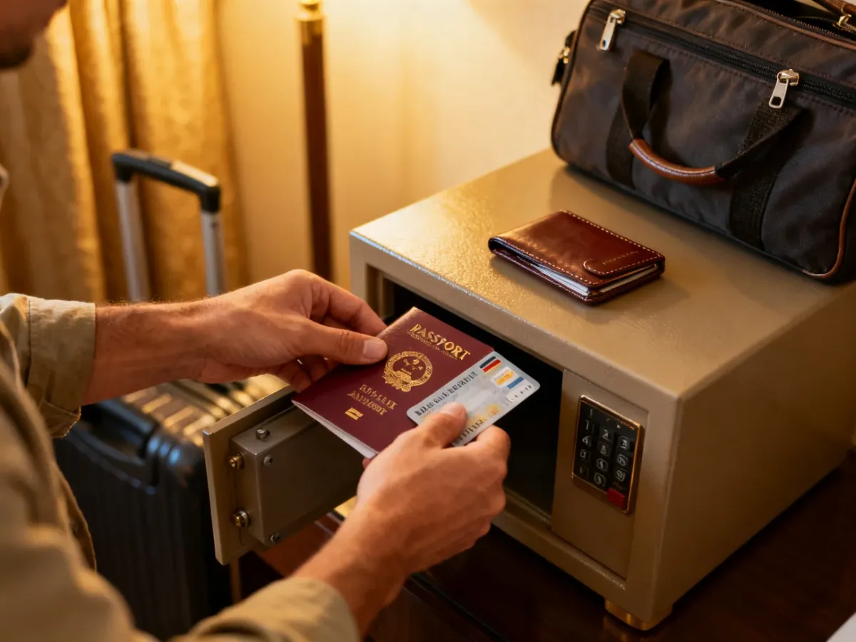 Podróżny przechowujący paszport i zapasową kartę w sejfie hotelowym