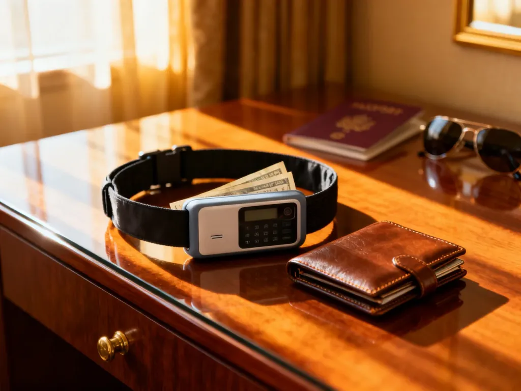 Pasek na pieniądze i portfel na hotelowym biurku, obok paszportu i okularów przeciwsłonecznych.