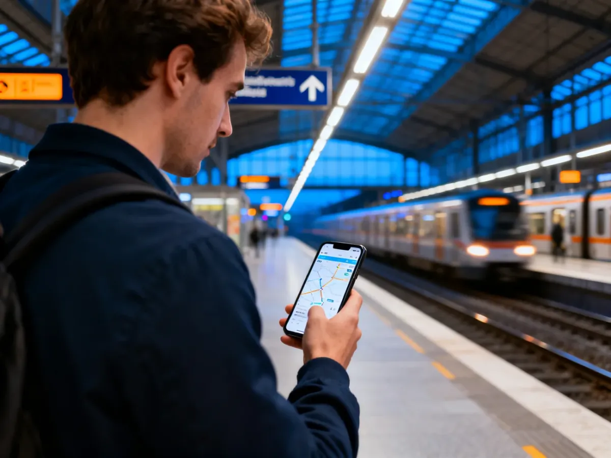 Turysta planujący trasę w dużej stacji metra za pomocą smartfona