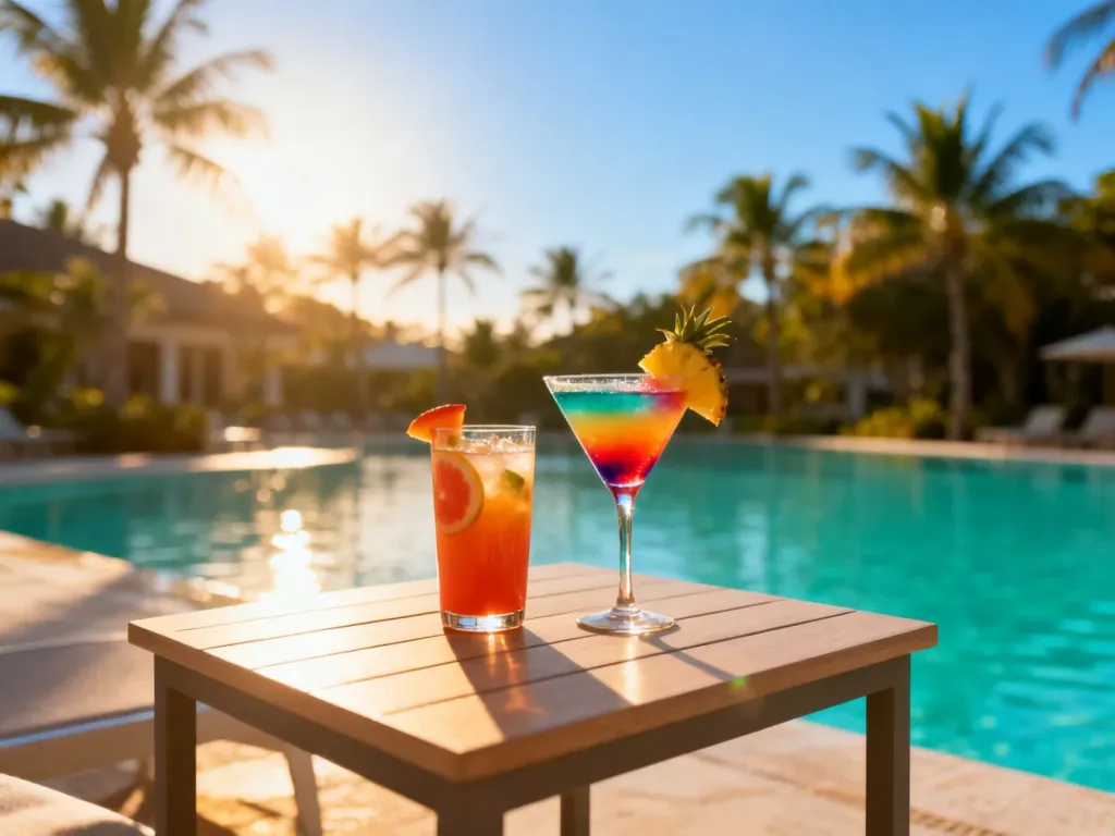 Szklanka soku i koktajl na drewnianym stoliku przy basenie, podkreślające relaksującą atmosferę wakacji all inclusive.