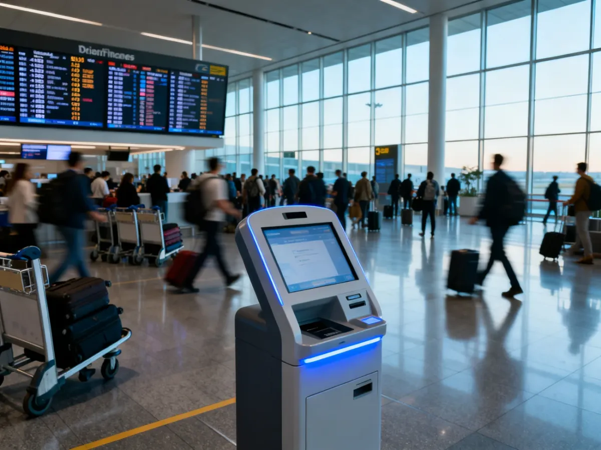 Nowoczesny terminal lotniska z samoobsługowym kioskiem odprawy i pasażerami w tle.