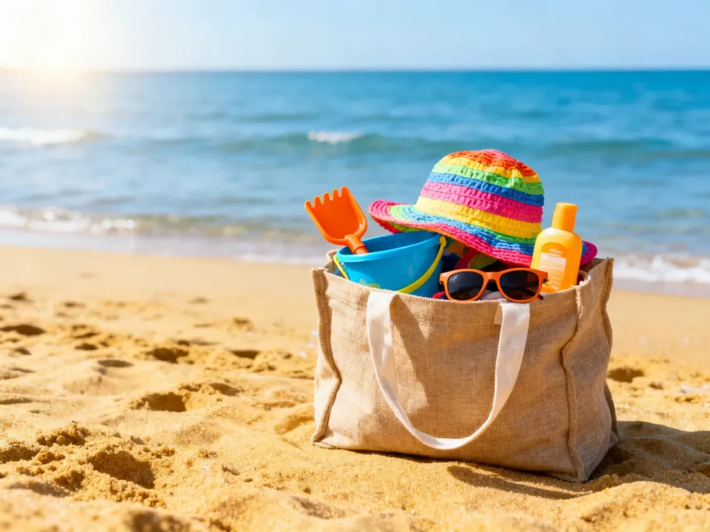 Torba plażowa z akcesoriami dla dziecka, takimi jak kapelusz, zabawki i krem z filtrem, na tle słonecznej plaży i morza.