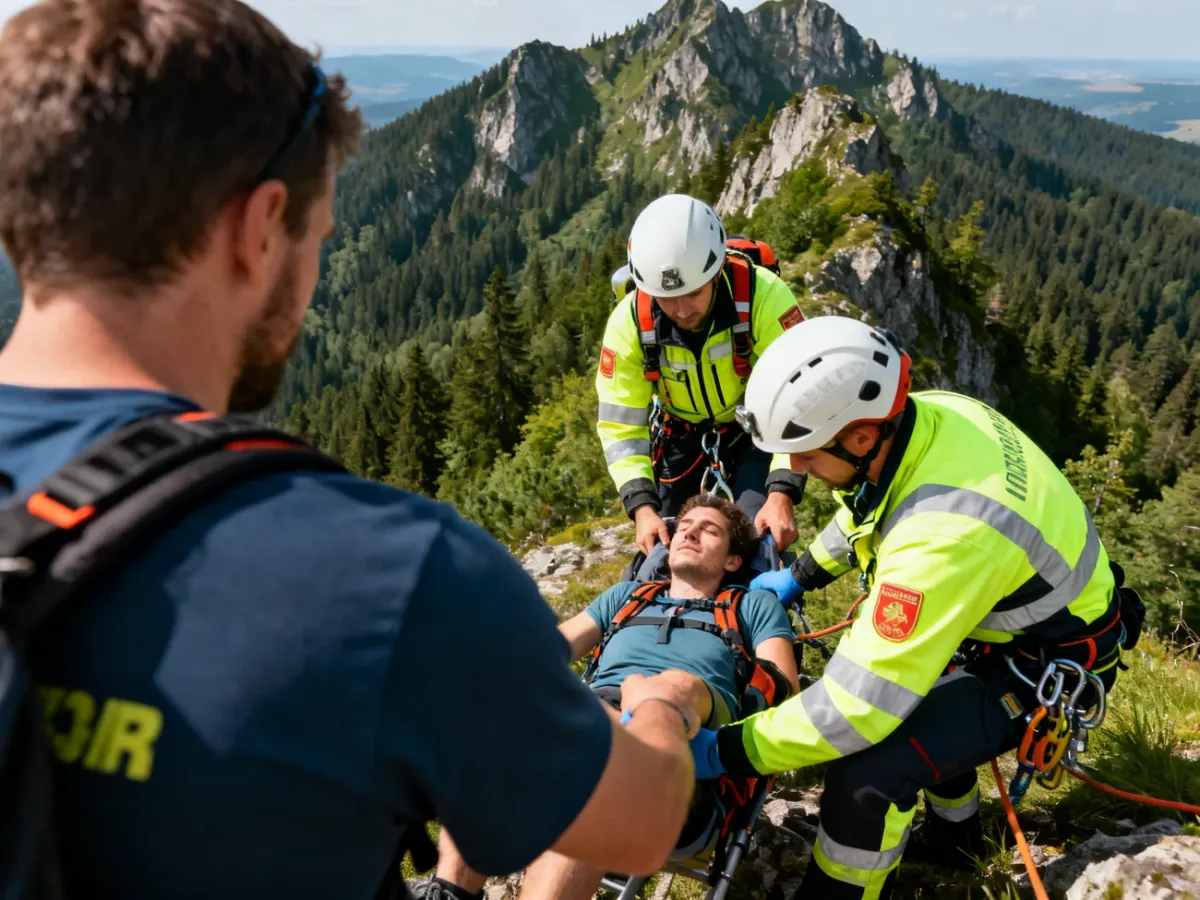 Ratownicy górscy udzielający pomocy turyście w czeskich górach