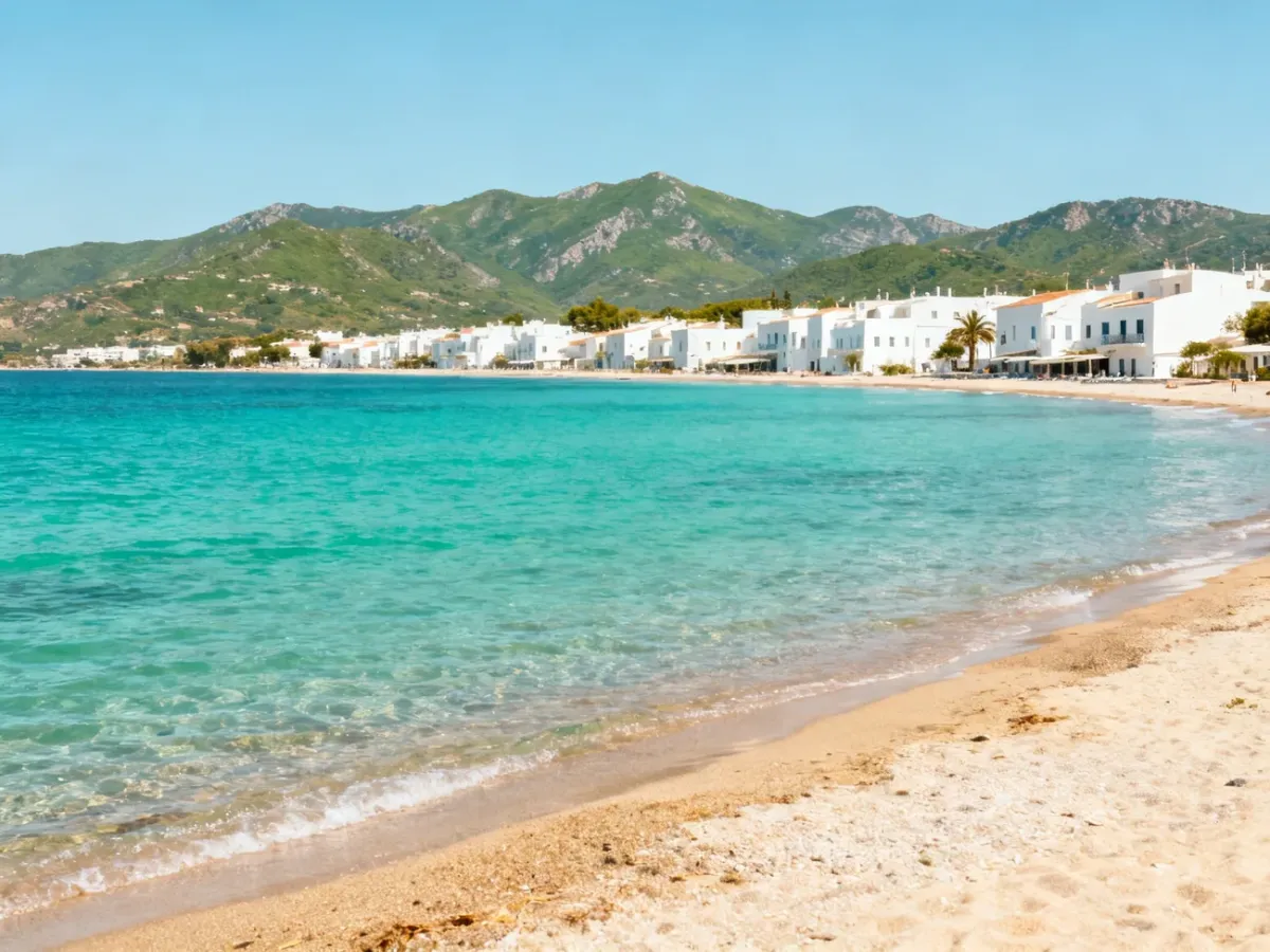 Panoramic Spanish coastline with a sunny beach, coastal buildings and distant mountains