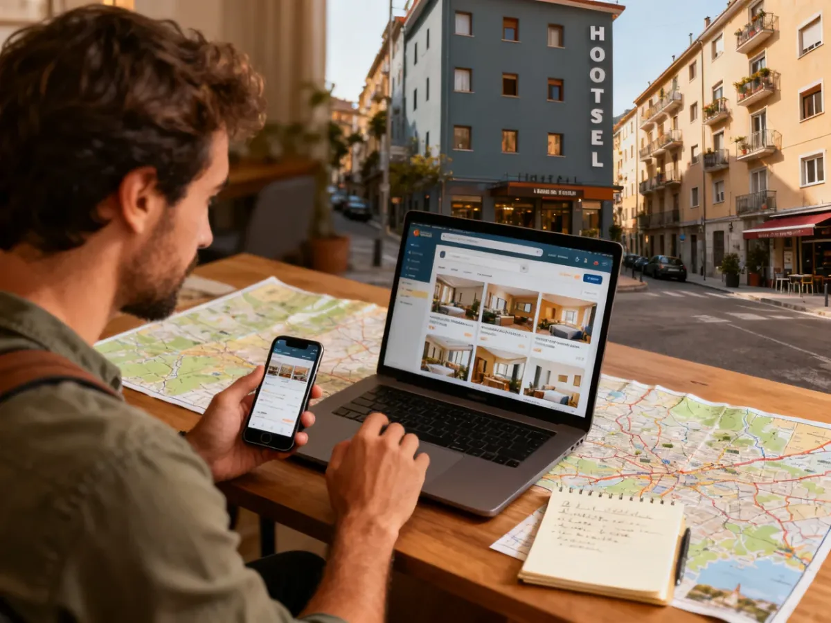 Podróżny porównujący różne opcje noclegu na laptopie i smartfonie