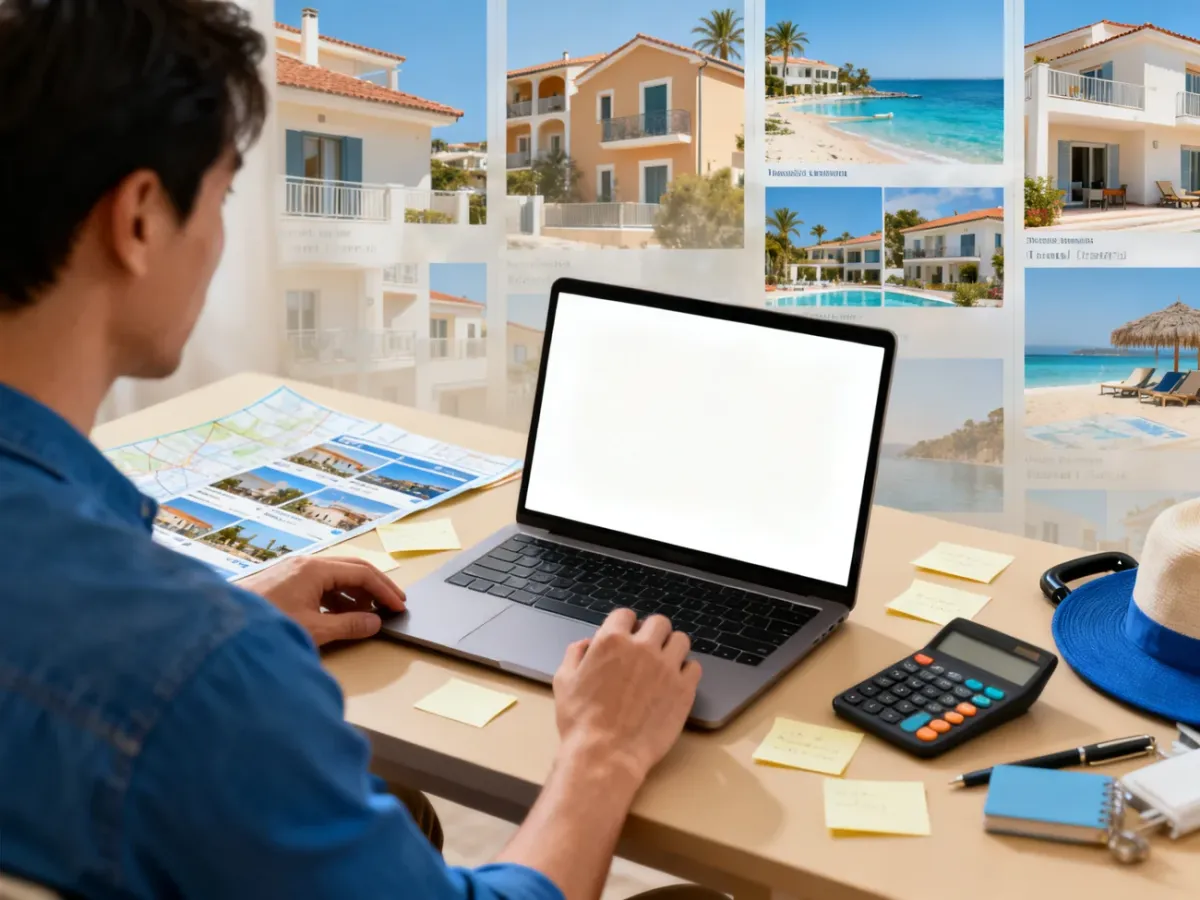 Podróżny porównujący oferty apartamentów i domów wakacyjnych na laptopie