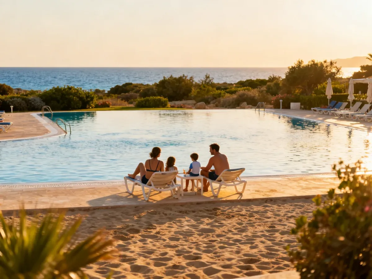 Rodzina odpoczywająca przy basenie hotelu all inclusive na Rodos