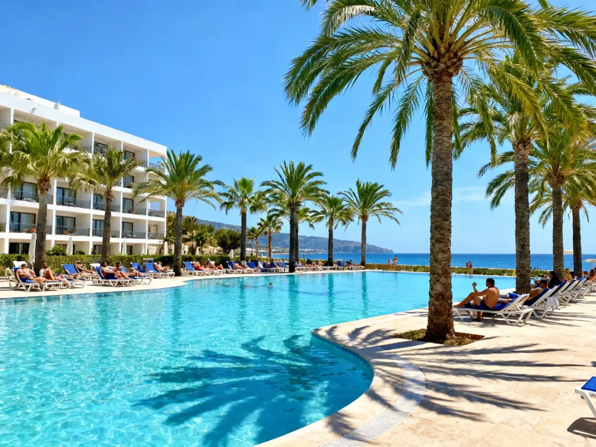 Słoneczny hotel all inclusive na Majorce z basenem i palmami