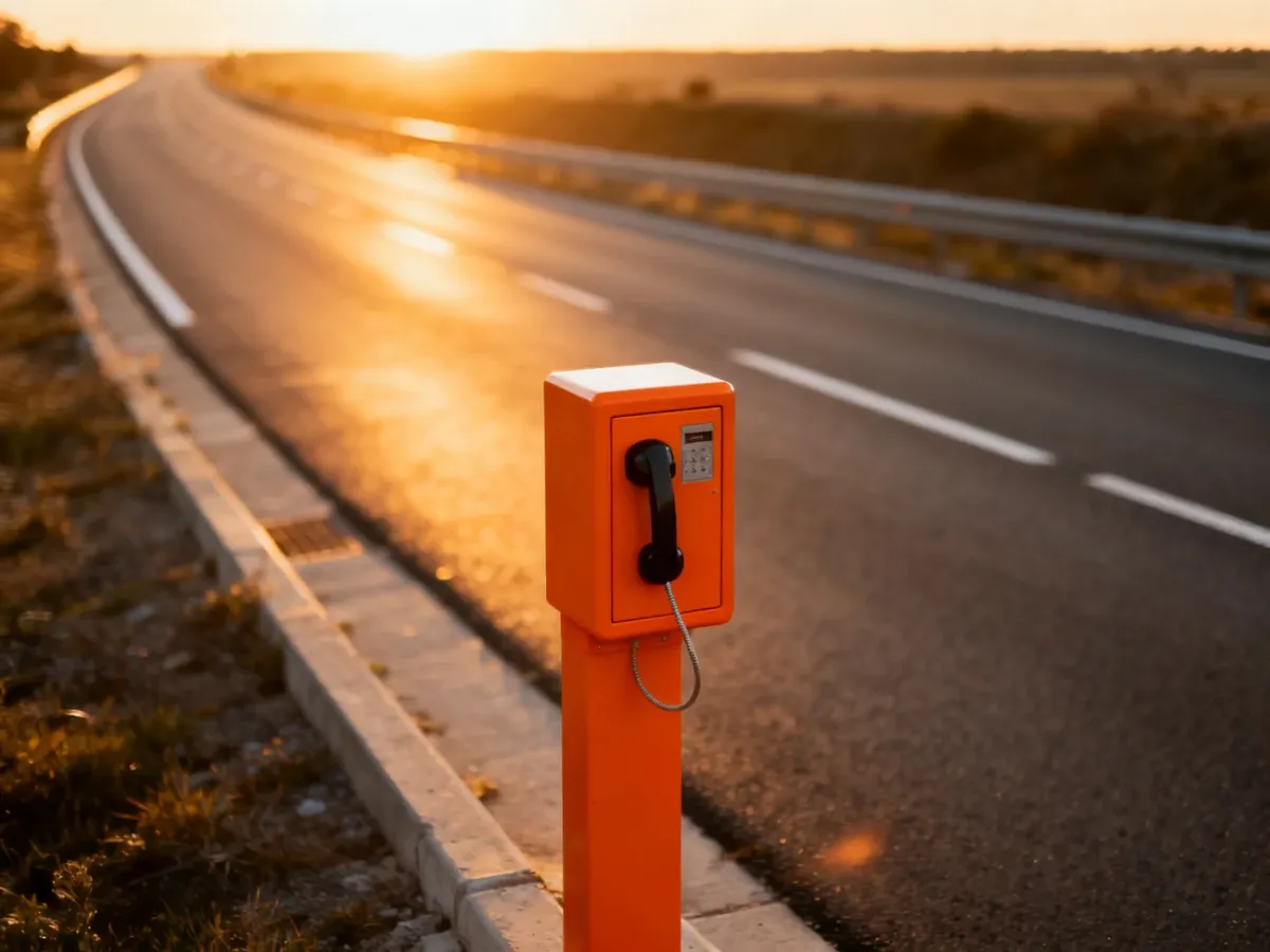 Pomarańczowy telefon alarmowy przy autostradzie o zachodzie słońca, wskazujący miejsce wezwania pomocy w razie awarii.
