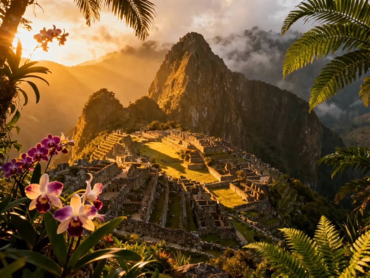 Wschód słońca nad ruinami Machu Picchu w otoczeniu mglistych gór Andów i egzotycznej roślinności.