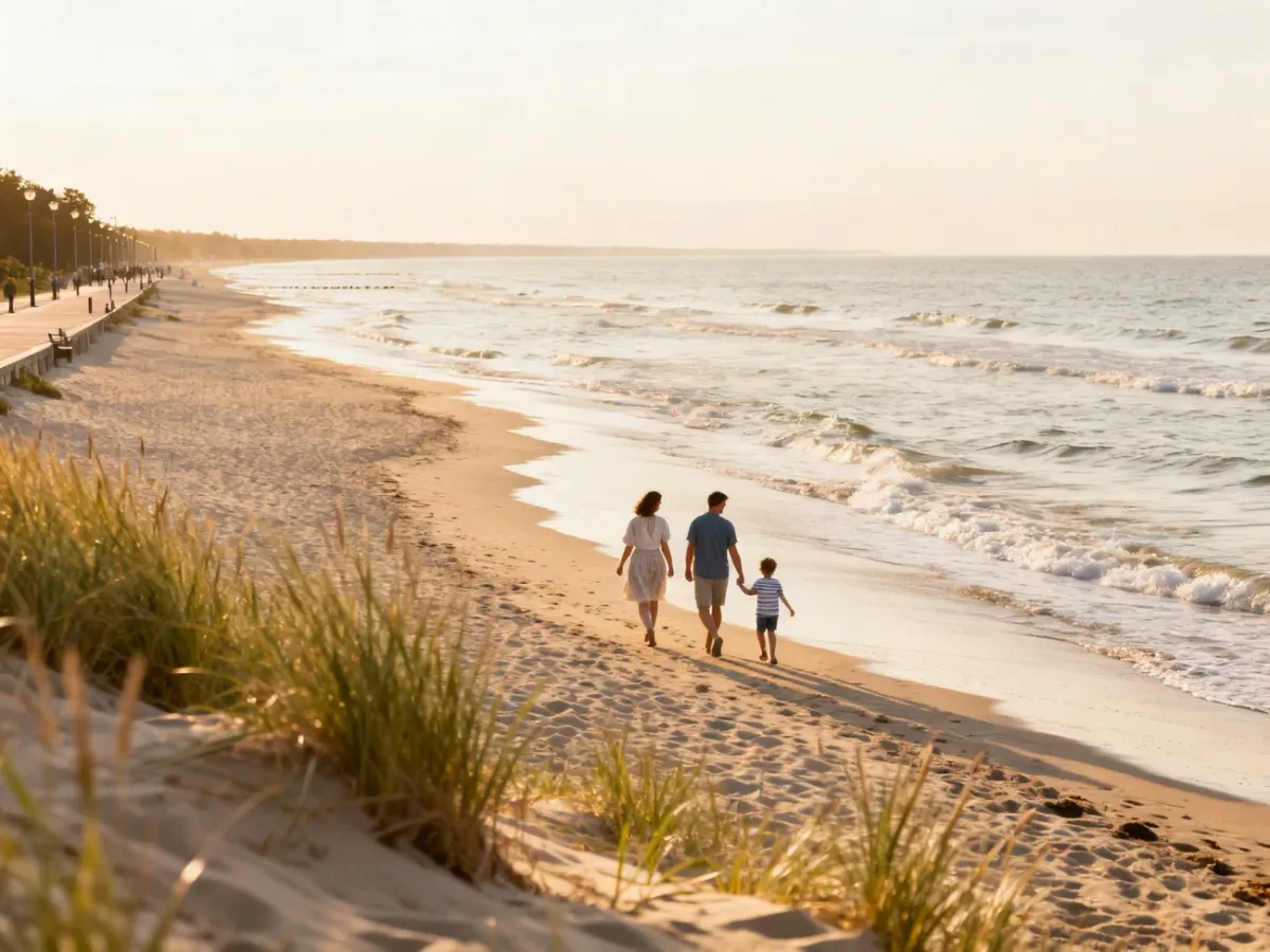 Rodzina z dziećmi spacerująca po szerokiej plaży nad Bałtykiem