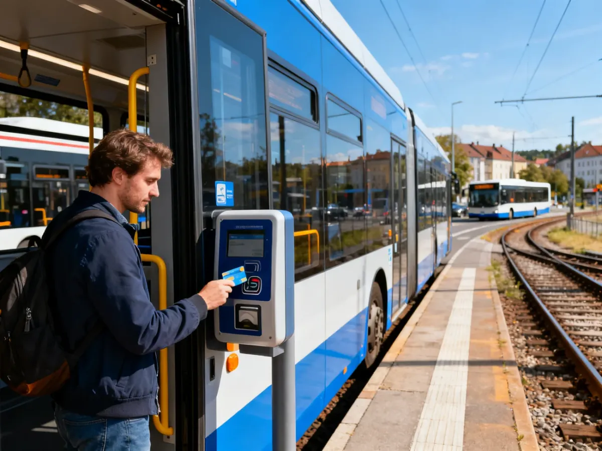 Pasażer przykładający kartę miejską do czytnika podczas wsiadania do tramwaju