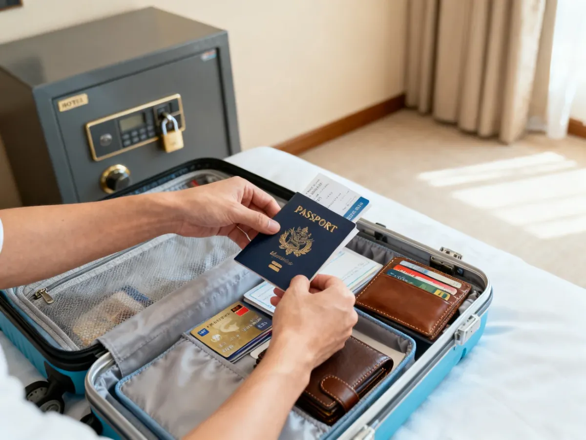 Podróżny zabezpieczający dokumenty, karty i pieniądze w hotelowym pokoju