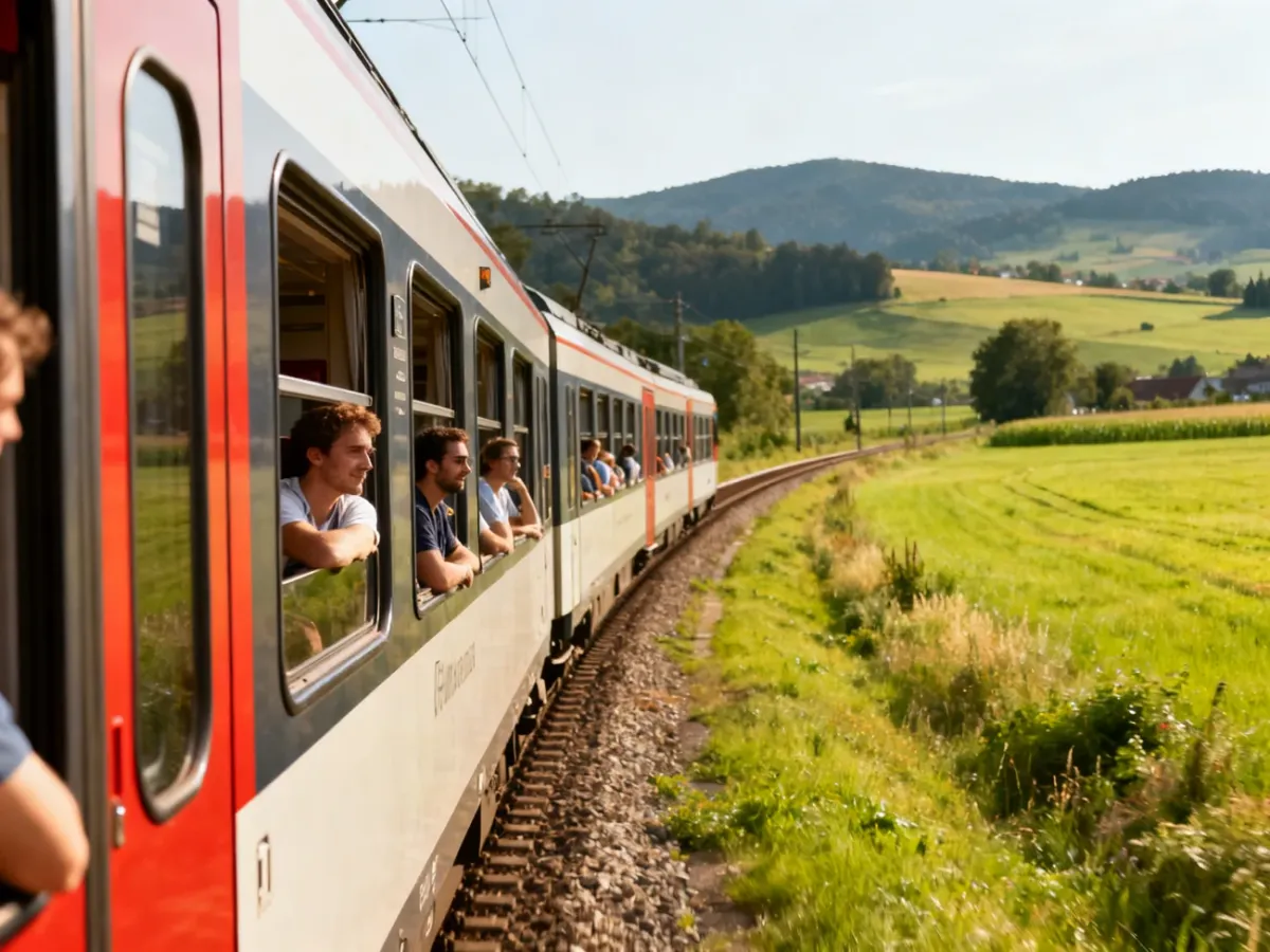 Pociąg pasażerski jadący przez malowniczy europejski krajobraz