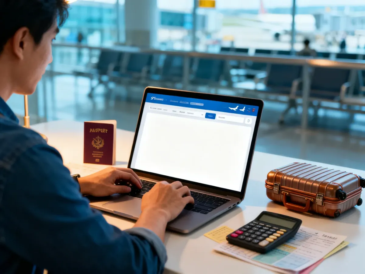 Podróżny porównujący ceny lotów przy laptopie z walizką i paszportem