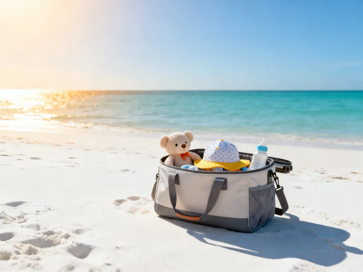 Torba podróżna z akcesoriami dla niemowlęcia na piaszczystej plaży w tle turkusowego morza.
