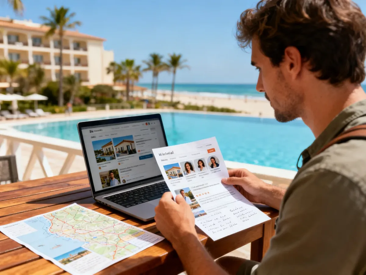 Podróżnik porównujący ofertę hotelu z opiniami gości i mapą