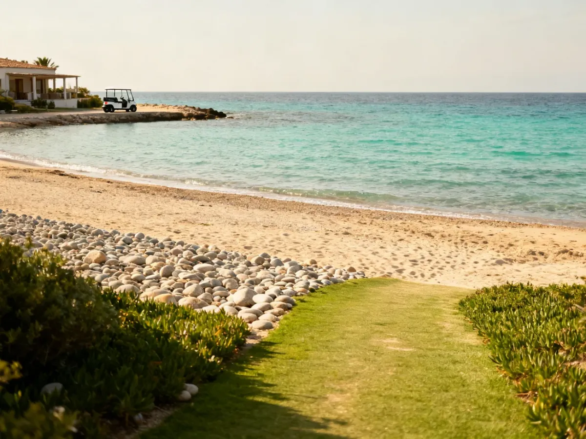 Piaszczysta plaża z kamienistym wejściem do morza i meleksą w zielonym otoczeniu