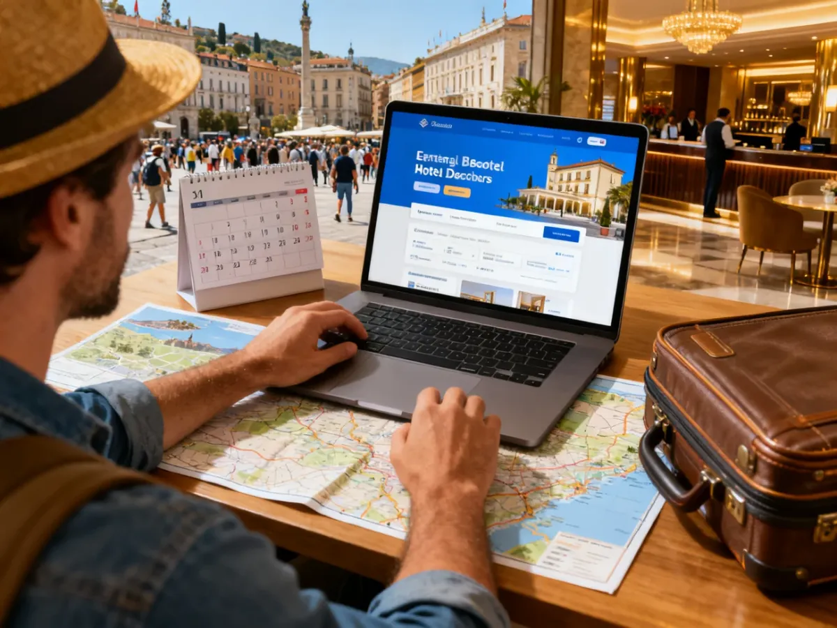 Podróżny planujący wcześniejszą rezerwację hotelu przy laptopie