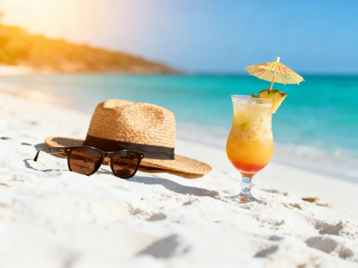 Okulary przeciwsłoneczne, słomkowy kapelusz i tropikalny drink na piaszczystej plaży przy turkusowym oceanie.