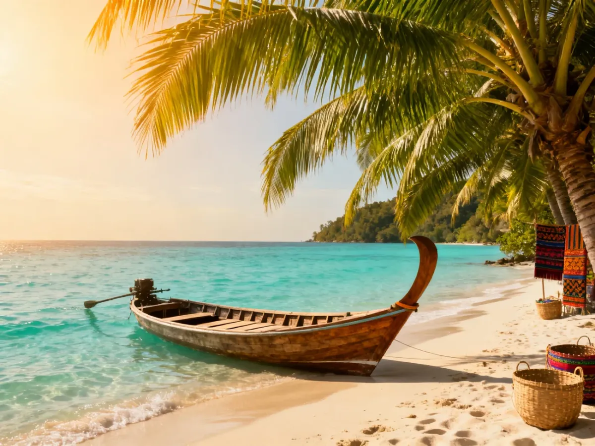 Tropikalna plaża z turkusowym morzem, palmami i łodzią