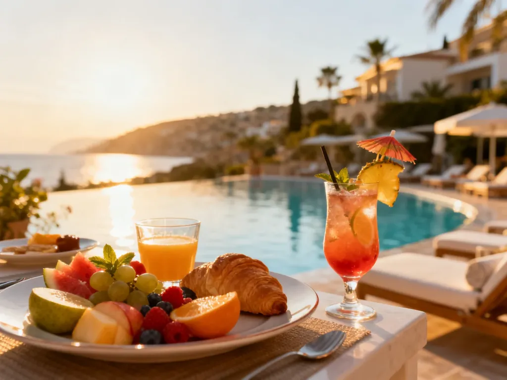 Porównanie śniadania w opcji bed and breakfast oraz relaksu przy basenie w hotelu all inclusive w słonecznym kurorcie.