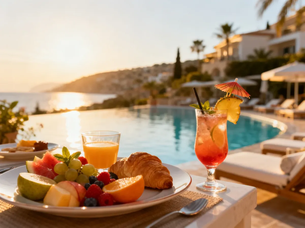 Porównanie śniadania w opcji bed and breakfast oraz relaksu przy basenie w hotelu all inclusive w słonecznym kurorcie.