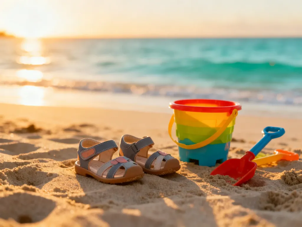 Piaszczysta plaża o wschodzie słońca z dziecięcymi sandałkami i wiaderkiem, symbolizująca idealne miejsce na wakacje z maluchem.