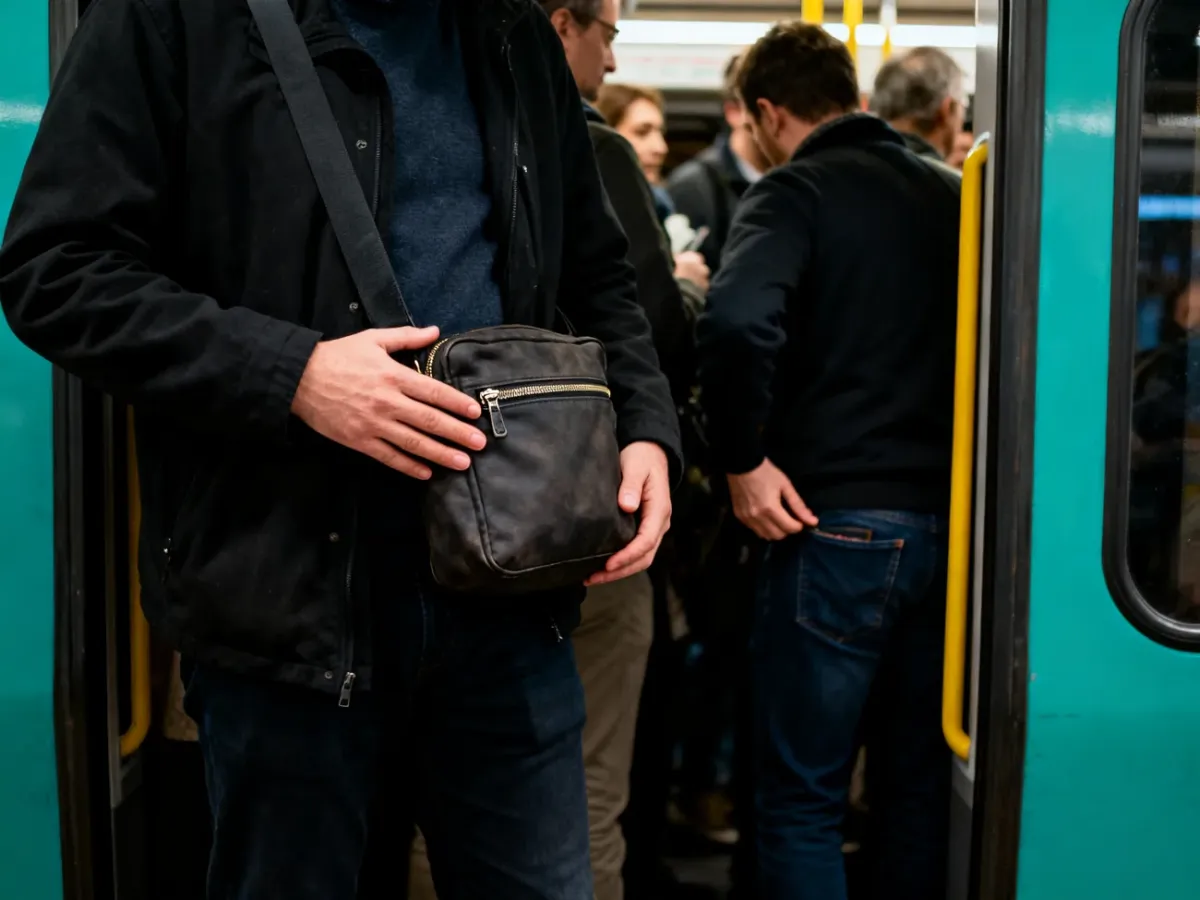 Pasażer chroniący zamkniętą torbę podczas sztucznego tłoku w komunikacji miejskiej