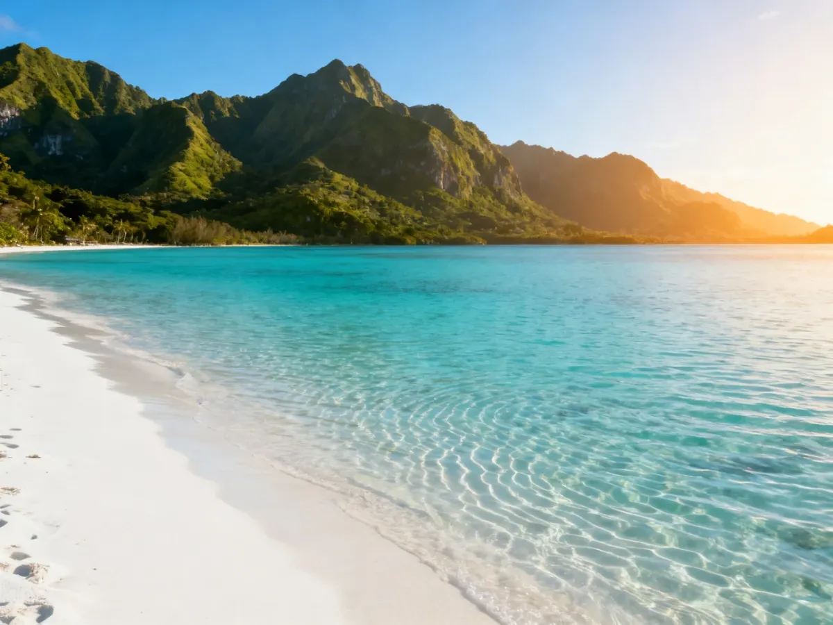 Turkusowa laguna z piaszczystą plażą i egzotycznymi górami w tle, zachęcająca do wakacyjnego wypoczynku.