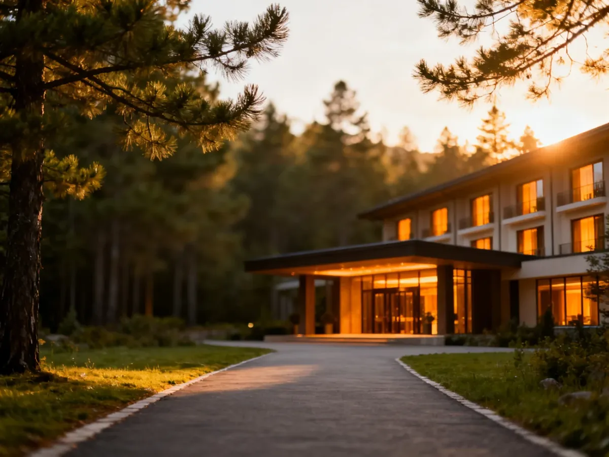 Nowoczesny budynek hotelu Szumy Park otoczony zielonym lasem w świetle zachodzącego słońca.