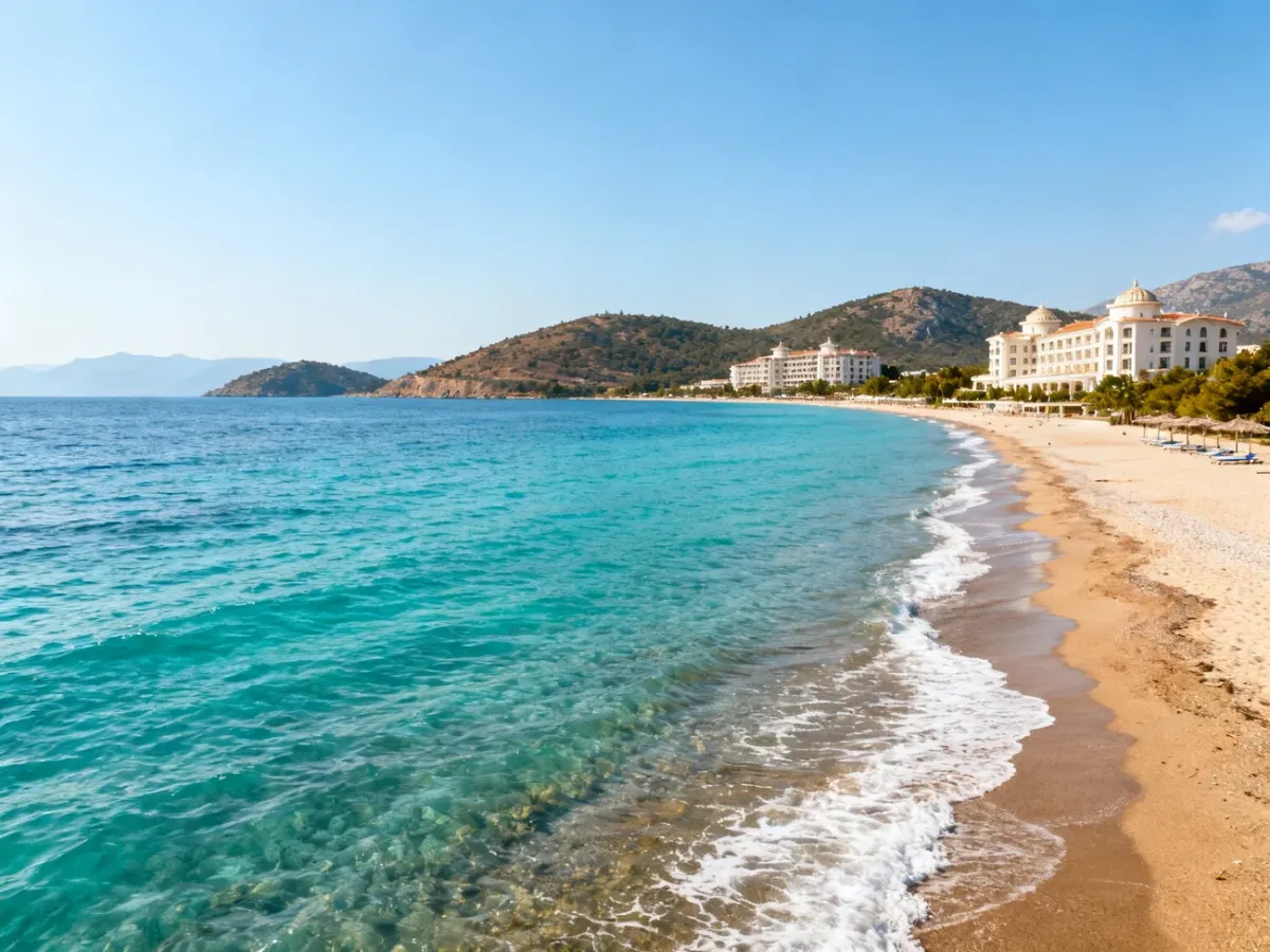 Turkish coastline with a sunny beach, turquoise sea and distant hills