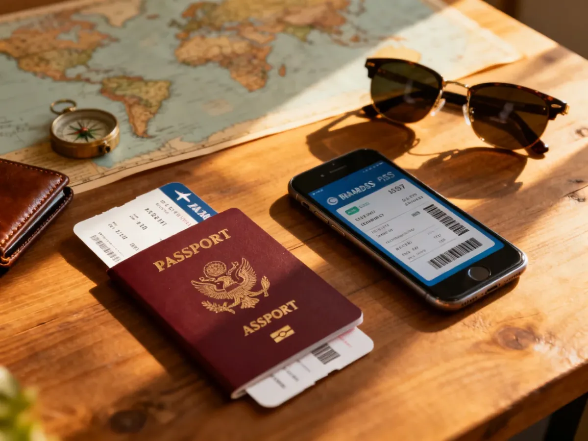 Paszport, bilet lotniczy oraz telefon z kartą pokładową przygotowane na drewnianym biurku przed podróżą zagraniczną.