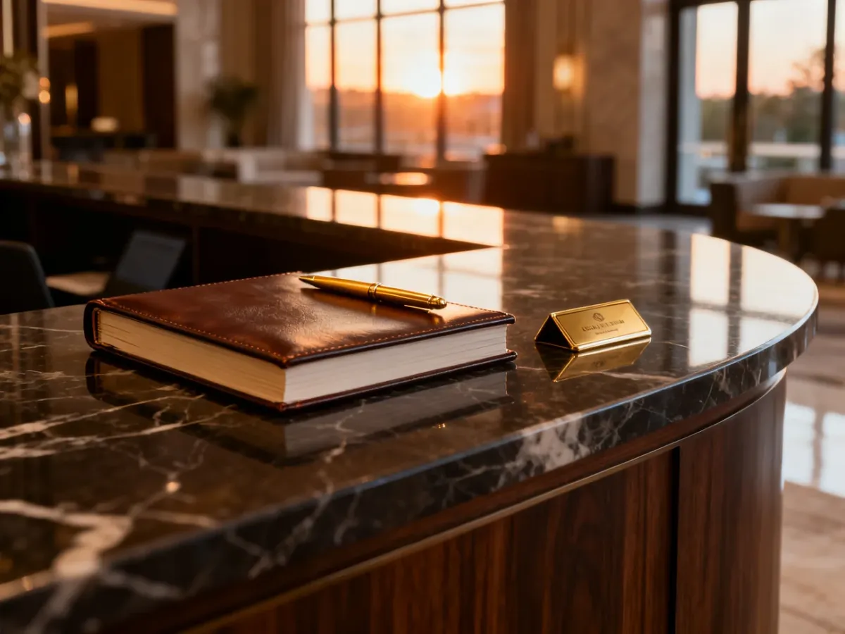 Elegancka recepcja hotelowa z księgą gości i kartą dostępu do pokoju, zapraszająca do dokonania rezerwacji.