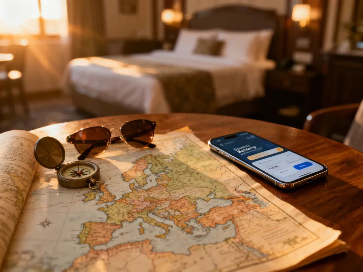 Mapa Europy, kompas i smartfon z aplikacją do rezerwacji noclegów na tle przytulnego pokoju hotelowego.