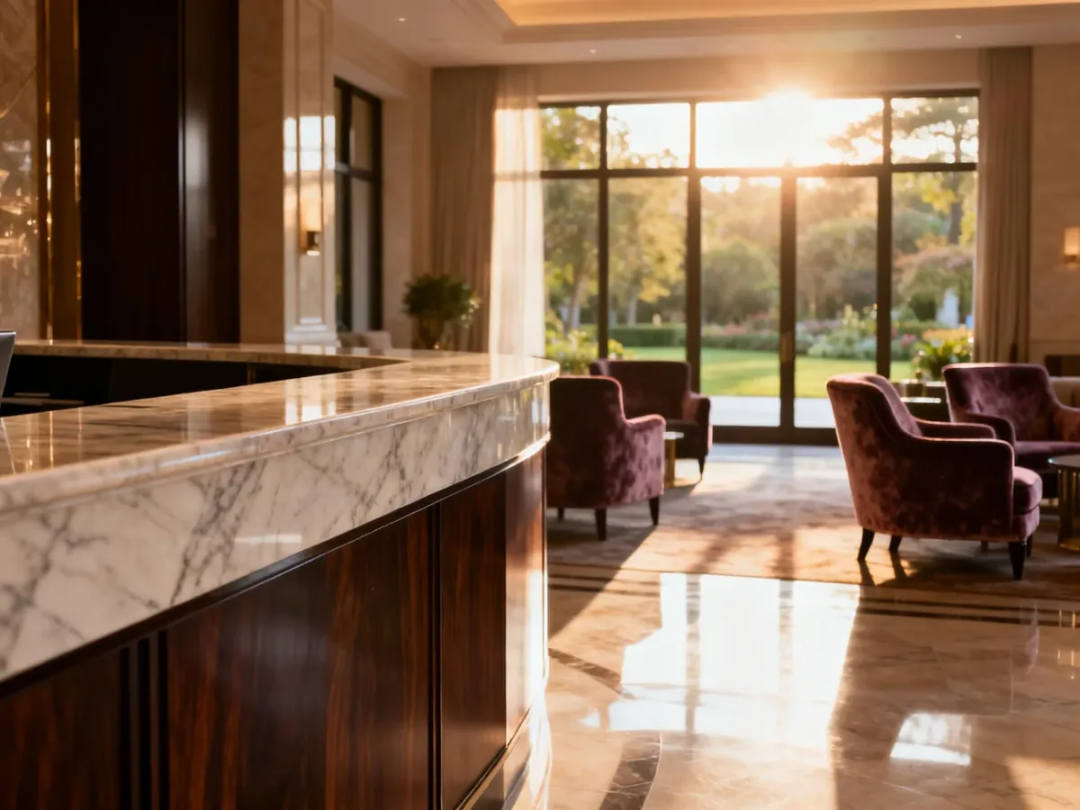 Eleganckie lobby hotelu Avlida z nowoczesną recepcją i przytulną strefą wypoczynkową z widokiem na ogród.