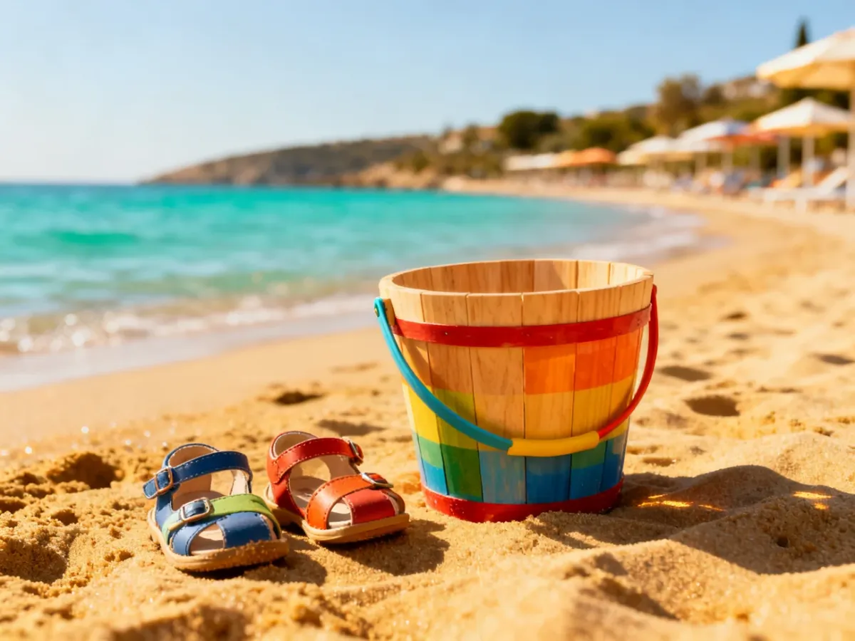 Piaszczysta plaża z dziecięcymi akcesoriami na tle turkusowego morza, zachęcająca do tanich wakacji z rodziną.