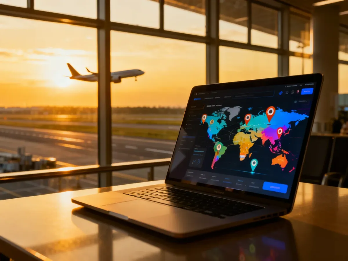 Otwarty laptop z wyszukiwarką lotów na tle słonecznego terminala lotniska o świcie, symbolizujący planowanie tanich podróży.
