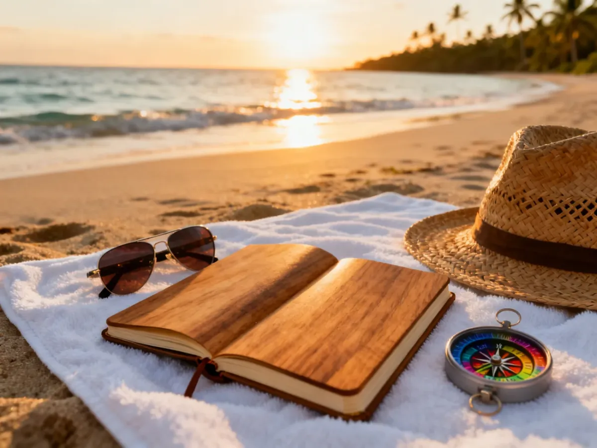 Otwarty dziennik podróży, okulary przeciwsłoneczne i kompas na piaszczystej plaży o zachodzie słońca, zachęcające do planowania wakacji.