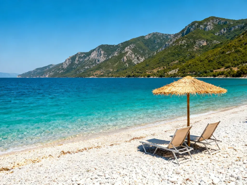 Piaszczysta plaża z turkusową wodą i leżakami na tle gór w Albanii, zachęcająca do wypoczynku w formule all inclusive.