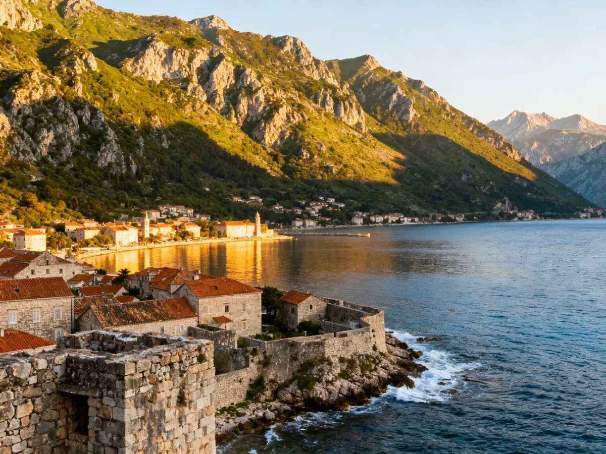 Panoramic view of Montenegro’s bay, historic towns, and rugged mountains