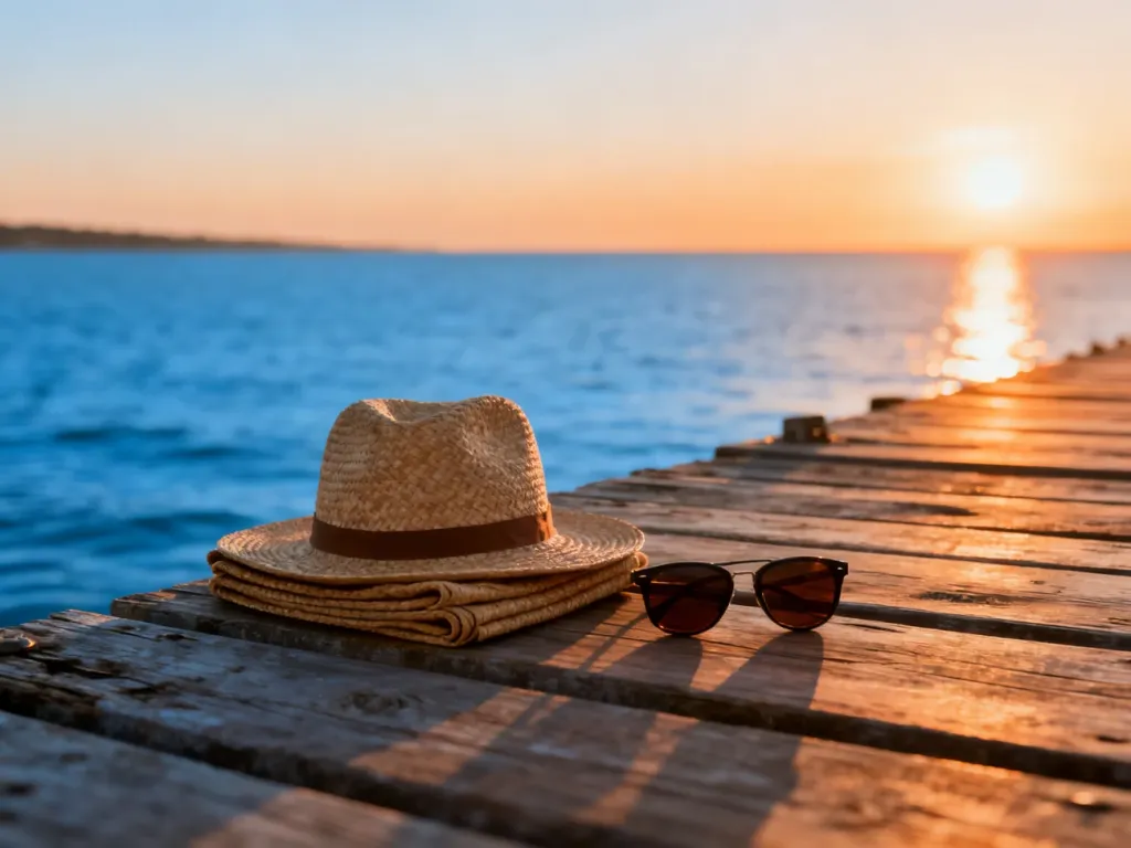 Piaszczysta plaża o zachodzie słońca z kapeluszem i okularami na pomoście, zachęcająca do planowania spokojnych wakacji.