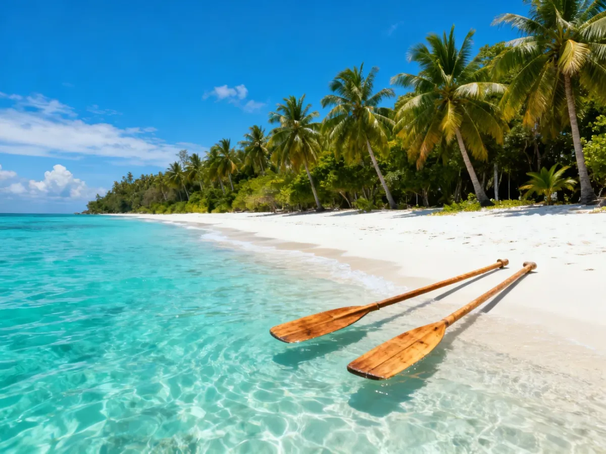 Piaszczysta plaża z turkusową wodą i palmami w Azji Południowo-Wschodniej, idealna na egzotyczne wakacje w lipcu.