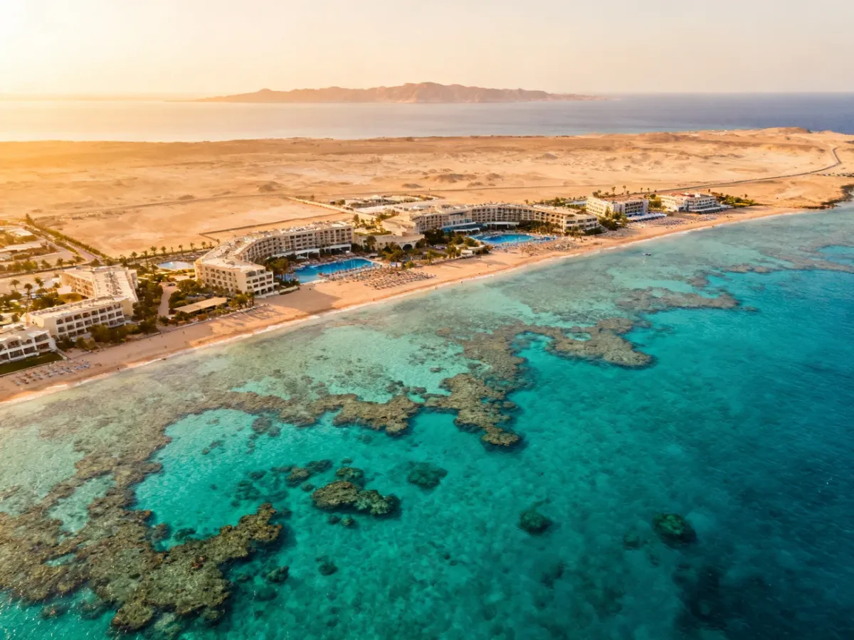 Panoramic view of Egyptian seaside resorts and turquoise waters