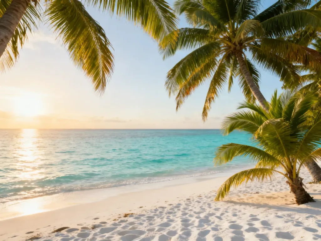 Turkusowa plaża z białym piaskiem i palmami o wschodzie słońca, zachęcająca do wyjazdu na egzotyczne wakacje w kwietniu.