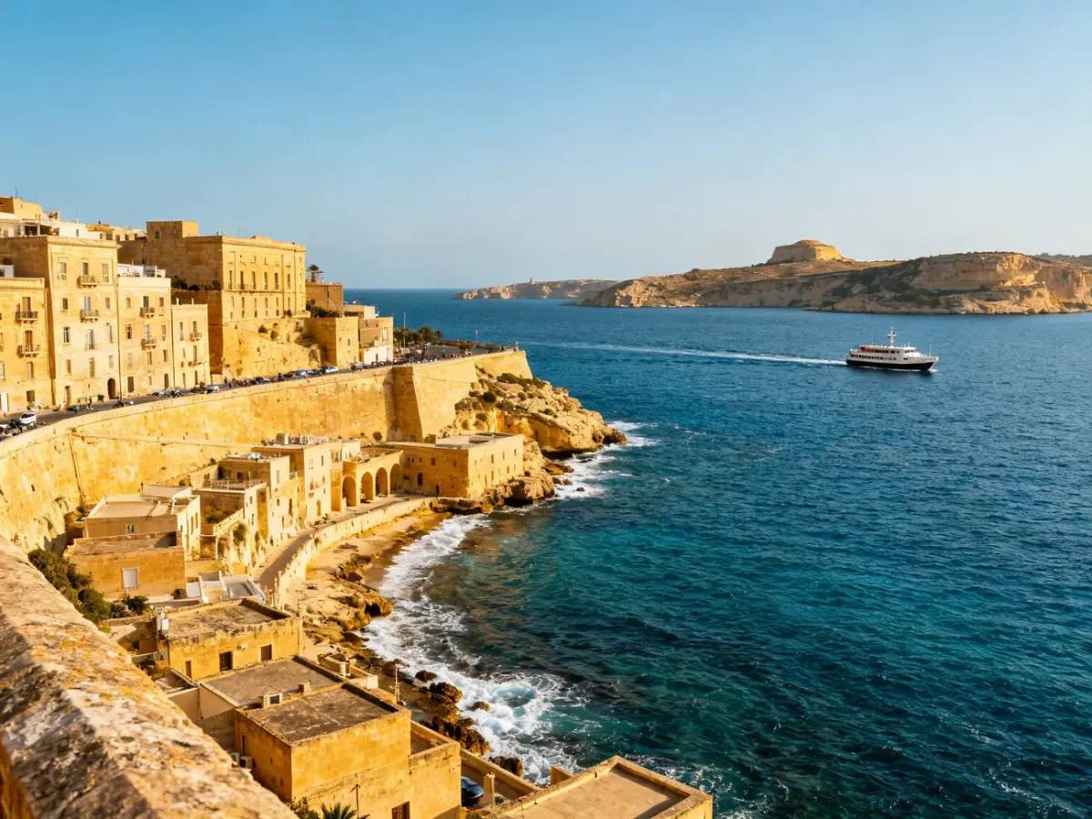 Panoramic view of Malta and Gozo with limestone buildings and the Mediterranean Sea